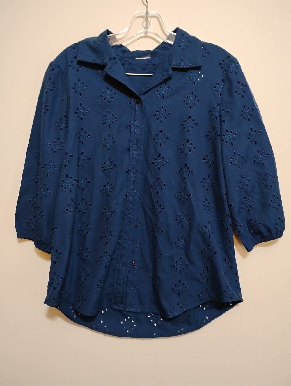 BLAIR Women’s Navy Eyelet Embroidery Button-Front 85%Polyester 15%Rayon Blouse S